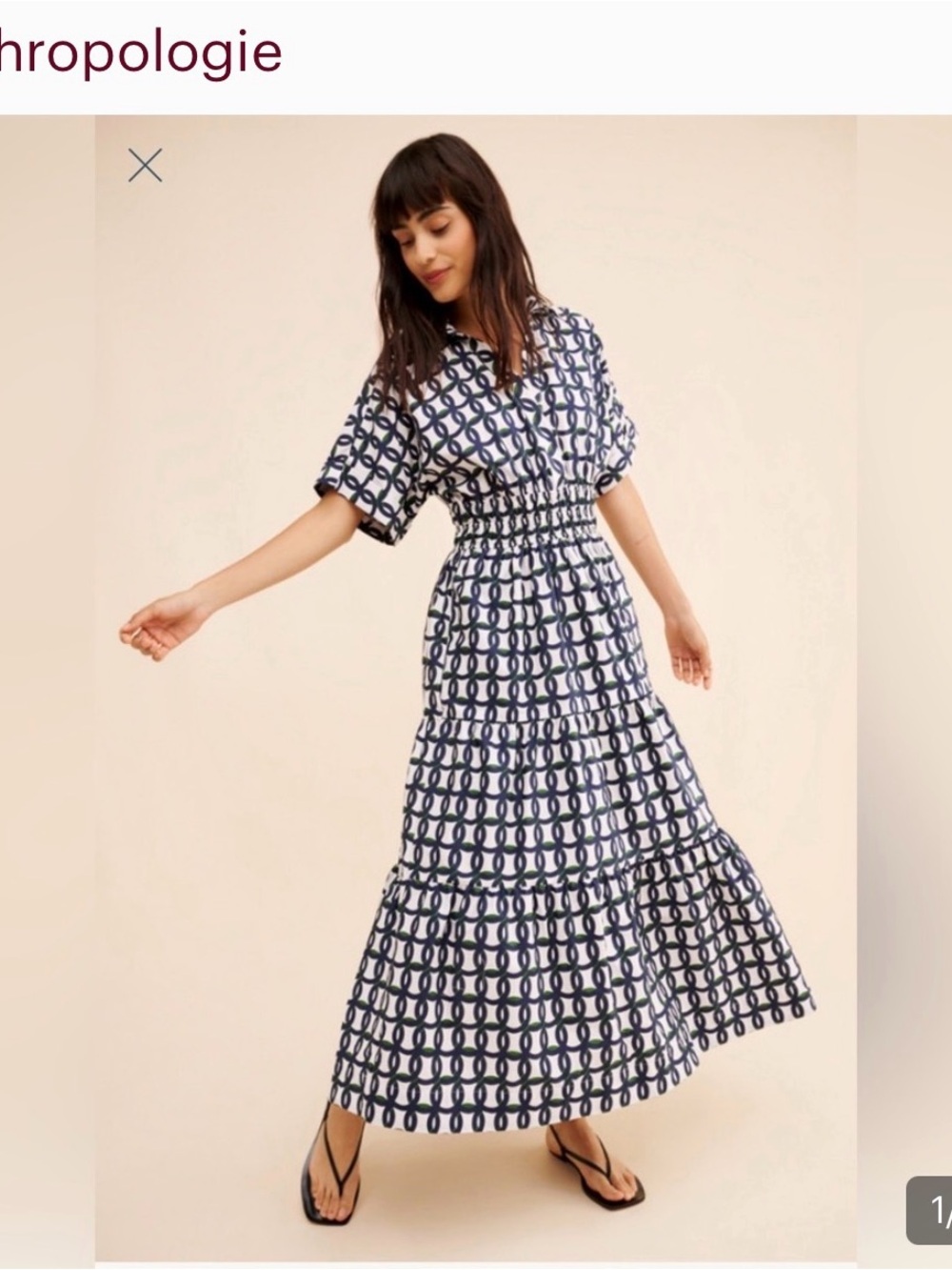 Anthropologie Navy & White Geometric Tiered Maxi Dress